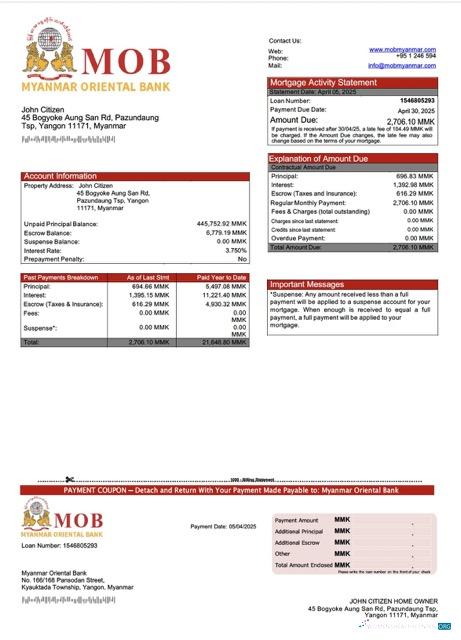 Download Myanmar Oriental Bank mortgage statement Word and PDF template Photoshop template